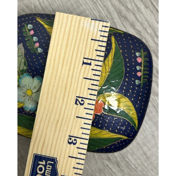 Vintage India Hand Painted Lacquered Paper Mache Lidded Trinket Box Blue Floral - Picture 11 of 12